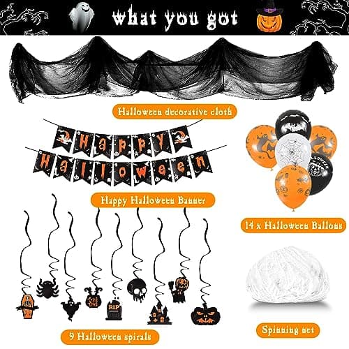 Décoration de Fête Halloween, 25PCS Articles Halloween, Halloween Décoration Effrayante avec Toile d'araignée, Deco Guirlande, Ballons, Les Décorations Set Extérieures Intérieures de Fête d'halloween
