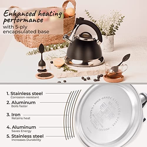 Bouilloire sifflante avec poignée iCool, théière chirurgicale en acier inoxydable pour toutes les cuisinières, 2 infuseurs GRATUITS inclus, 3 litres par Pykal (Noir)