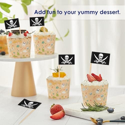 AhfuLife 100Pcs Drapeau Cure-dent Pirate, Mini Drapeau Cocktail de Pirate, Cure Dents Pirate pour Anniversaire Thème Pirate, Decor Cupcake Topper, Étiquettes de Apéritifs Dîner de Halloween
