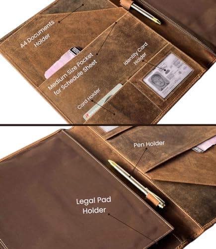 Porte-documents en cuir par Rustic Town | Conférencier A4 pour homme et femme | Porte-documents en cuir durable fait à la main avec 3 + 1 pochettes pour documents et bloc-notes