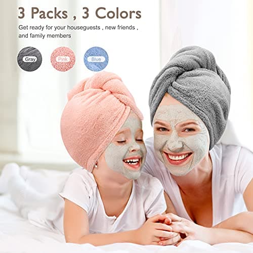 Laicky Lot de 3 serviettes de séchage en microfibre super absorbantes, turban torsadé, à séchage rapide avec boutons, boucle de bain, bonnet pour cheveux secs (gris, rose, bleu)