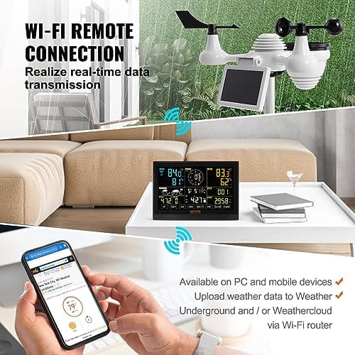 VEVOR Station Météo WiFi 7 en 1 Station Météo sans Fil Intérieur Extérieur Solaire Grand Écran Couleur 7,5 po Station Météo Numérique Capteur pour Température Humidité Vitesse Direction de Vent Pluie