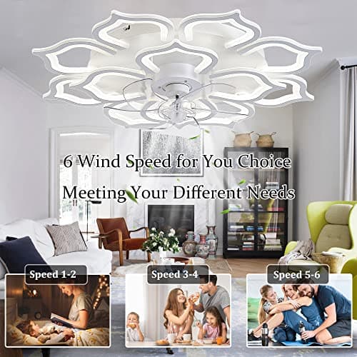Grand Ventilateur De Salon Floral Avec Lumière, Ventilateur De Plafond Design À 6 Vitesses LED Dimmable, Moteur DC Réversible, Modes Hiver Et Été, Plafonnier Avec Ventilateur Et Minuterie-White||80CM