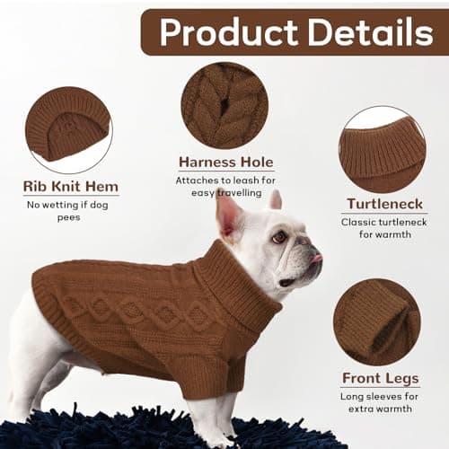 Hjumarayan Pull Chien Moyen, Pull pour Chien Simple Elégant Pull-Overs pour Chiens avec Manches Pull Chien Hiver Chaud Epaississement Sweat Chien Pull pour Bouledogue Beagle, Brun L
