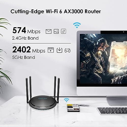 Routeur WiFi 6, WAVLINK Routeur WiFi Bi-bande AX3000 pour Le Jeu à Domicile, Routeur WiFi Puissant avec 4*5dBi High-Gain Antennas, MU-MIMO, OFDMA, Touchlink, Beamforming, WPA3, IPV6, Contrôle Parental