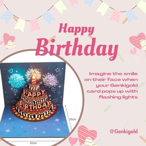 genkigold Carte 3D Joyeux Anniversaire avec Lumières, Musique et Son: Design Gâteau Feu d'Artifice - Cadeau pour Femmes, Hommes, Enfants, Épouse, Maman, Mari - Inclut Enveloppe et Étiquette de Note
