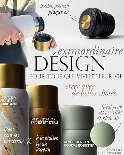 MAMEIDO Bouteille Isotherme 1l avec Mug en Acier inox, Gourde Isotherme 1l chaude 12h, Thermos 1l étanche 100% sans BPA, café et thé pour la route (Taupe Grey Gold, 1000ml)