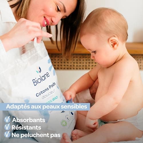BIOLANE - Cotons pads douceur - Bébé - 100% Bio - 150 Cotons - Peaux sensibles - Change & Toilette - Dès la naissance - Fabriqués en France