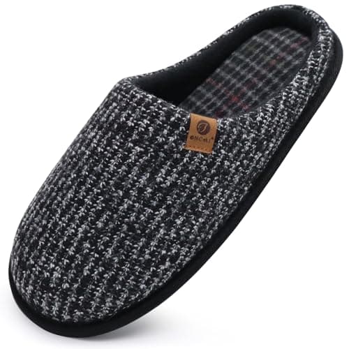 ONCAI Chaussons Homme Pantoufles à Rayures Hiver Chaussures Chaudes pour La Maison en Mousse à Mémoire de Forme, Laine en Peluche Doublée Avec Semelle en Caoutchouc Antidérapante Noir Taille 43