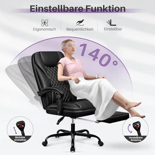 DoChair Chaise Bureau en Cuir Ergonomique Jusqu'à 140° avec Repose-Pieds Appui-tête Fonction Bascule Chaise Pivotante, Noir Mat