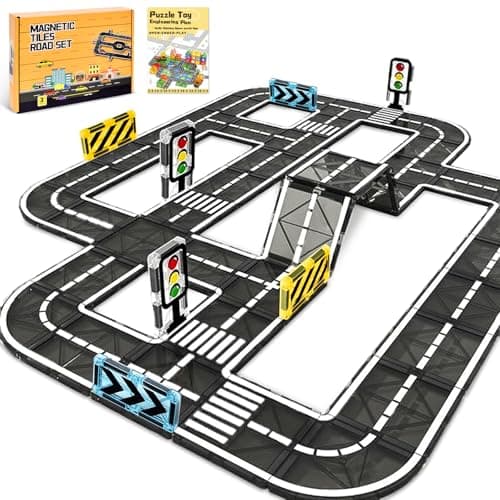 BuzzoXerex Construction Magnetique Routes, 50 Pièces Magnetic Tiles, Bloc de Construction Magnétique Éducatifs Cadeau pour Fille Garçon 3 4 5 6 Ans