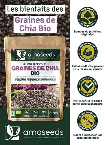 Graines de Chia Bio 1KG | Sources de Protéines, Oméga 3, Fibres | Salvia Hispanica | Qualité Supérieure