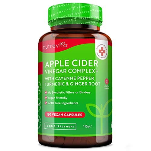 Vinaigre de Cidre de Pomme 1033 mg - 180 gélules végane de vinaigre de cidre bio - Avec du poivre de Cayenne, du curcuma et du gingembre - Fabriqué par Nutravita