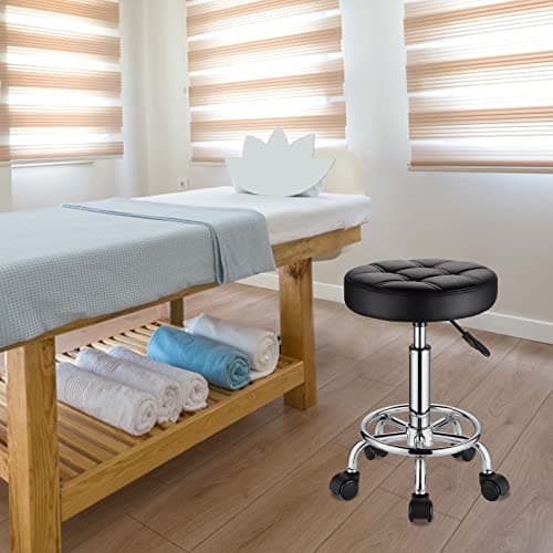 HMTOT Tabouret Rond pivotant à roulettes en Cuir synthétique avec Assise réglable en Hauteur Noir