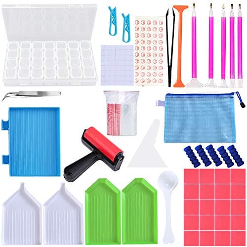 TOPSEAS Outils de Peinture Diamant,94 pcs Accessoires de Diamond Painting,avec Boîte de Rangement Diamant, Point Stylo Rapide,Colle,Plaque de Diamant,et étiquette pour DIY Artisanat