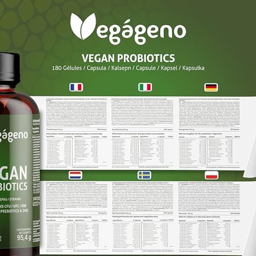 Vegágeno Probiotique Flore Intestinale 180 gélules végétales, 30 souches bactériennes avec zinc, 80 milliards UFC - Probiotique Flore Intime. Prebiotique et Probiotique. Convient aux végétaliens.
