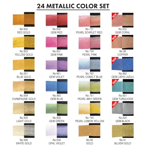 Kuretake Gansai Tambi 24 Metallic Watercolor set, Ensemble d'aquarelles (Lot de 24 couleurs métalliques), Japonais Dorée Gouache Aquarelle, Aquarelle metallique, MC20/24V/NW2