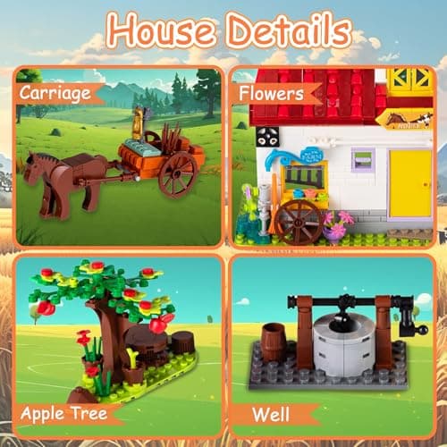 Construction de Ferme, 649 PCS Comprend Ferme, Puits, Charrette à Cheval, Arbres Fruitiers, Jeu Kit de Friends Maison de Ferme, Cadeau pour Enfants Fille et Garçons de 6 7 8 9 10 11 12+
