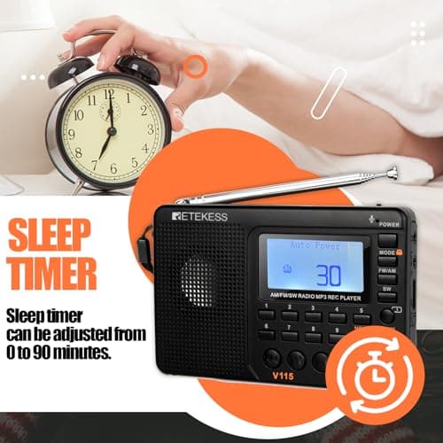 Retekess V115 Radio Portable,Petite Radio Rechargeable,FM AM SW, Piles et Secteur,Carte TF,Enregistreur, MP3,Minuterie de Sommeil,Salle de Bain,Cuisine(Noir)