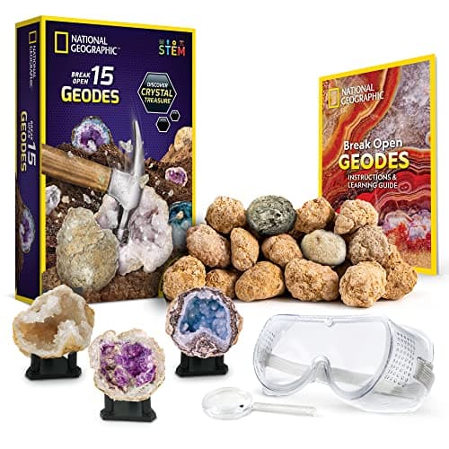 National Geographic Brisez 15 Géodes Premium - avec Lunettes, Guide d'apprentissage, 3 Présentoirs, Excellent Jouet Scientifique à et Cadeau Éducatif