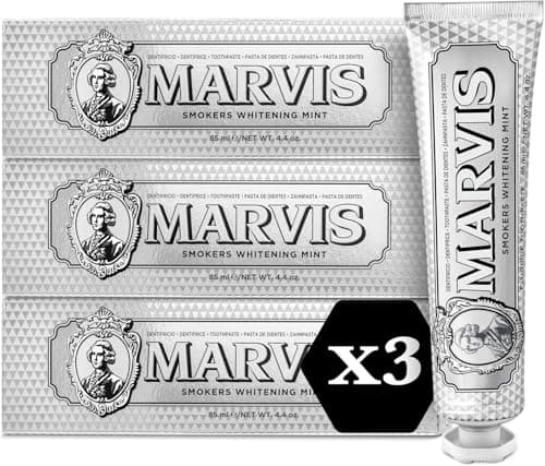 Marvis Lot de 3 dentifrices blanchissants pour fumeurs, Menthe, 3 x 85 ml, Favorise le blanchiment naturel des dents, Dentifrice anti-plaque dentaire