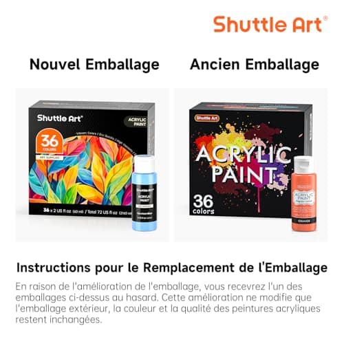 Shuttle Art 48PCS Kit Peinture Acrylique, 36 Couleurs (60ml) Peinture Acrylique avec 12 Pinceaux 1 Palette, Non Toxique, Acrylique Peinture Idéal pour Artistes, Débutants sur Toile Tissu