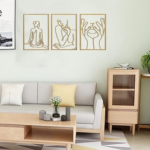 XIAOMAGG Lot de 3 décorations murales en métal doré - Décoration murale simple - Art moderne abstrait - Corps féminin - Décoration murale à suspendre pour chambre à coucher, salon, salle de bain