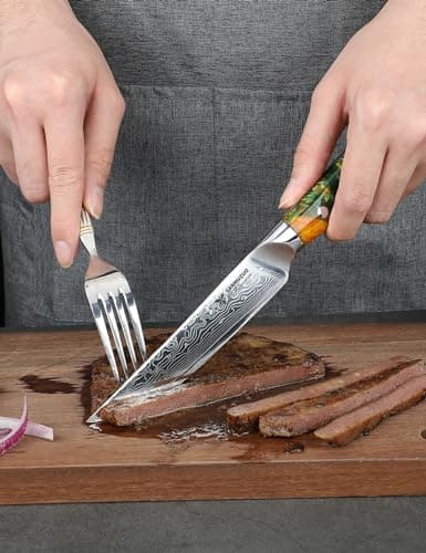 SANMUZUO Ensemble de couteaux à steak de 4 pièces, couteau à steak de cuisine ultra-tranchant non dentelé de 5 pouces - Acier de Damas et manche en résine - Série Xuan(Orange Fantastique)