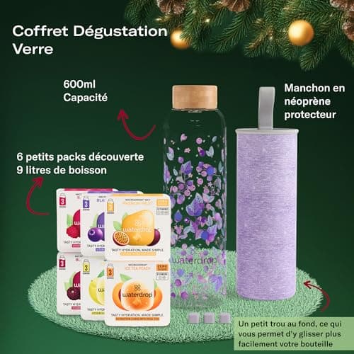 waterdrop® Coffret Cadeau, Bouteille en Verre 600ml, Étanche et Compatible avec Eau Gazeuse, 18 Cubes à Boire Sans Sucre, Idée Cadeau Noël Femme & Homme, Premium Cadeau de Noël, Idéal Coffret Cadeau
