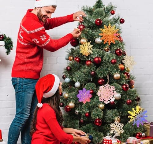 ilauke 36Pcs Bois Arbre de Noël Ornements avec Boîte en Bois,7cm/10cm Ornements de Flocon de Neige à Suspendre en Bois,3mm Pendentifs Rustiques Artisanat en Bois de Flocon pour Noël Mariage Fête