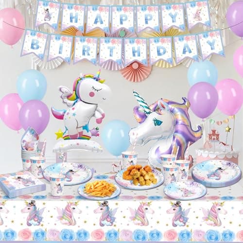 LAISLLA Assiettes Anniversaire Licorne, Anniversaire Licorne Decoration Fille, Deco Licorne Ballon, Licorne Vaisselle Anniversaire pour Enfants Party Fête Mariages Baby Shower Noël, 16 Invités