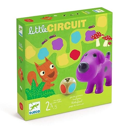 DJECO Little Circuit - Jeu de Société Enfant, 2,5 à 5 Ans - Jeu de Parcours avec 1 Plateau, 6 Pièces de Puzzle, 4 Figurines Animaux, 1 Dé, 15 Jetons - Apprentissage des Couleurs, Maîtrise du dé