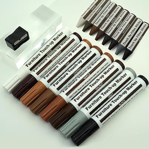 Boxgear Marqueurs de réparation de meubles et bâtons de cire avec aiguiseur pour taches, rayures, planchers en bois, tables, bureaux, érable, chêne, cerise, noyer, gris, blanc, noir, acajou