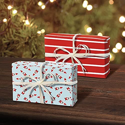 Clairefontaine 223890C - Kit D'emballage Cadeau Zéro Plastique - 2 Rouleaux Papier Cadeau 5mx35cm - Bobine Ruban 20m + 10 Étiquettes Cadeaux A Découper - Bleu/Rouge - Emballage Responsable
