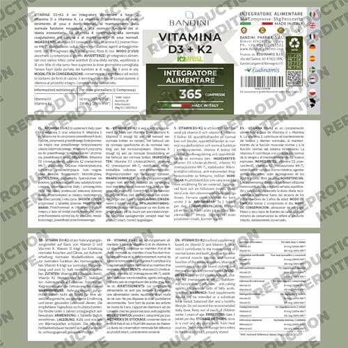 Bandini® Vitamine D3 K2 (MK7) Extra Fort 365 Comprimés (1 An) | 2000 UI Cholécalciférol + 200 mcg Ménaquinone| Pour les Os, les Muscles, le Système Immunitaire, les Dents | Vitamines D3 + K2 MK-7