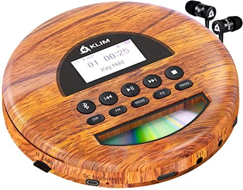 KLIM Nomad Wood - Nouveauté 2024 - Lecteur CD Portable - Batterie Intégrée Longue Durée - Écouteurs KLIM Fusion - CD-R, CD-RW, MP3 - Lecteur TF, Mini Radio Portable, Bluetooth - pour la Voiture