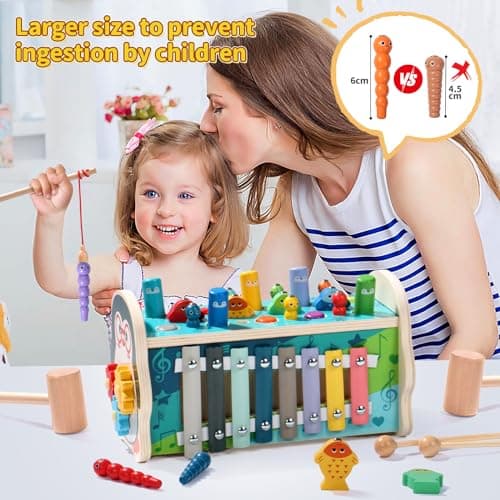 funsonjoy Jouet Bebe 1 An Fille, Jouet Enfant Montessori 1 An, Cadeau Enfant Bebe 1 2 3 An Fille Garcon, 6 en 1 Jeux Bois Bebe 1 An avec Jeu de Taupe & Jeu de Pêche & Xylophone Bebe & Horloge Jeu 1 An