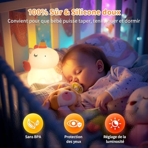YISSVIC Veilleuse Bébé Enfant Rechargeable 7 Couleurs LED 3 Niveau Luminosité Veilleuse Licorne Filles Tactile Silicone Cadeau Nouveau-Né