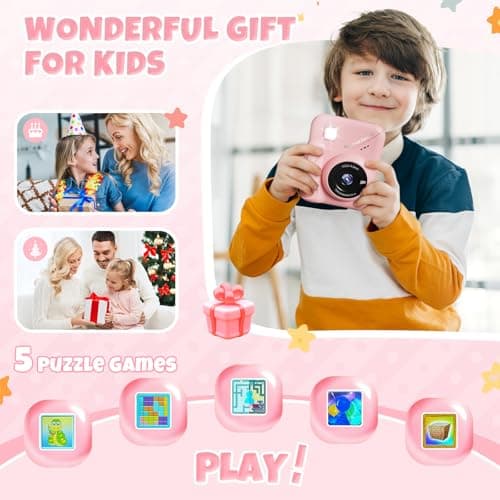 CalineGam Appareil Photo Instantané Enfant, 3,0 Pouces Écran HD 48MP Appareil Photo Enfants avec Carte 32 Go, 1080P Appareil Photo Jouet Cadeau pour Garçons Filles de 3 à 12 Ans (Rosa)