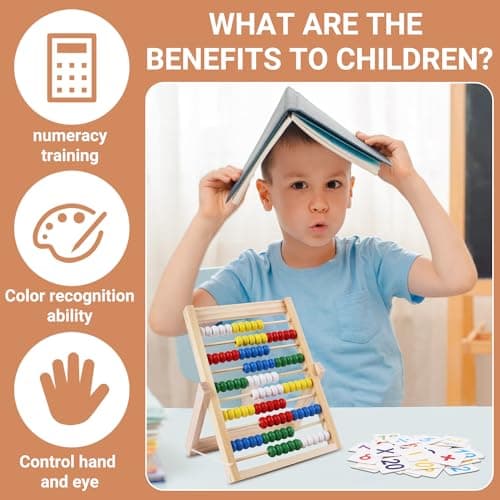 RNHDLY Boulier Enfant, Boulier Règle à Calcul, Abaque en Bois Aide au Calcul avec 100 Perles, Baguettes de Comptage, Cartes Numériques, Boulier Abaque Enfant Bois pour Les Enfants à Partir de 3 Ans