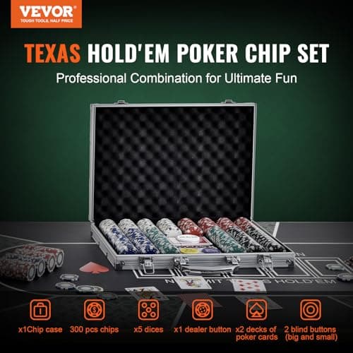 VEVOR Mallette de Poker 300PCs Jetons de Poker en Plastiques PS 11,5 g 40x3,3 mm avec 2 Jeux de Cartes 1 Bouton de Croupier et 2 Boutons Blind pour Blackjack Texas Jeux de Hasard Casino à Domicile