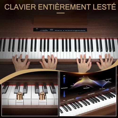 LEADZM Piano Numérique 88 Touches, Clavier Entièrement Lesté, Piano Électrique avec Double Bluetooth et Haut-Parleurs Stéréo, 128 Sonorités et Rythmes, Système à 3 Pédales, Noyer Noir
