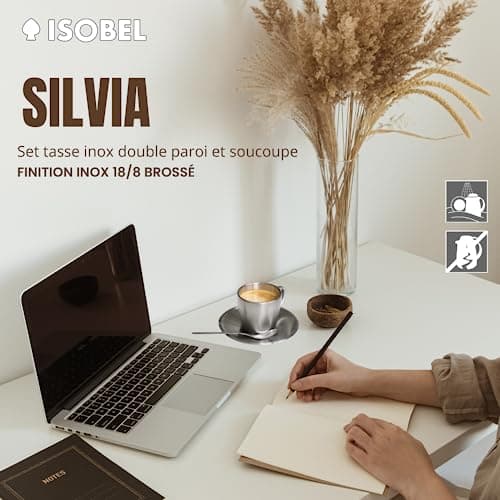 ISOBEL - SILVIA16 Set Tasse Inox + Soucoupe 16cl - Finition Mate, Double Paroi, Incassable, Lave-Vaisselle, Idéal Maison et Professionnel