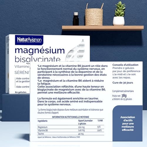 Laboratoire NaturAvignon Magnésium Bisglycinate + Taurine + Vitamine B6 | Haute absorption supérieure au magnésium marin | Fatigue nerveuse & physique, stress | Fabriqué en France | 60 gélules (1mois)
