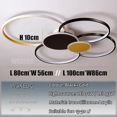 WSXEDC Noir or Gradable LED 6 Ring Salon Plafonnier LED moderne L80cm 71W créatif Éclairage de plafond intérieur Fleur pour les soins des yeux Pour chambre à coucher Bureau Salle à manger