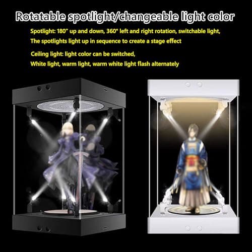 Dtyubfg Vitrine Acrylique avec Base Noire, - avec Plateau Tournant Lumières LED - Assembler la boîte à poussière de la boîte Acrylique de comptoir pour l'action Figurines Jouets, Collectibles -30 cm