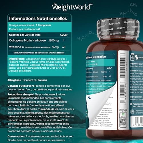 COLLAGENE MARIN Type 1-3 + Vitamine C 180 Comprimés Purs & Naturels - Alternative aux Gellules Collagène Marin Hydrolysé - 1836mg Collagène & Vitamine C - Hydratation de la Peau, Os & Articulations