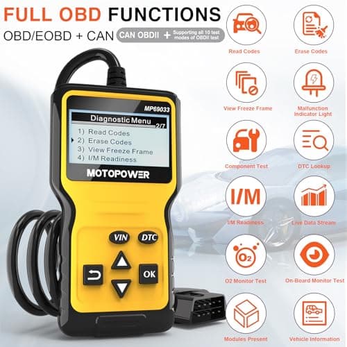 MOTOPOWER MP69033 OBD2 Scanner Universel Lecteur de Code d'erreur de Moteur, Outil de Diagnostic Can pour Tous Les protocoles OBD II Voitures Depuis 1996, jaune