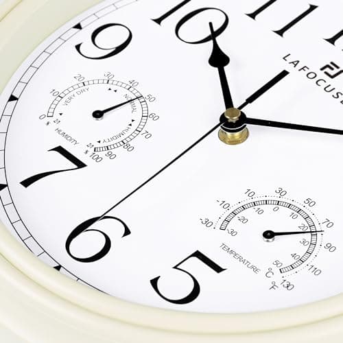 Lafocuse Horloge Murale avec Thermomètre et Hygromètre Vintage Pendule Murale Quartz Blanc Silencieuse pour Salon Cuisine 30cm