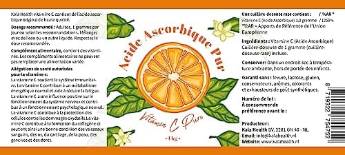 Kala Health - Vitamine C Pure 1 kg - Poudre de vitamine C - Acide ascorbique pur - Fourniture de 1000 jours x 1000 mg dosage élevé - Avec cuillère-doseuse - Végétalien - Qualité premium